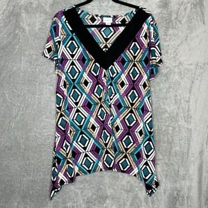 Jaclyn Smith XXL 2X Top Shirt Teal Blue Geometric Short Sleeve V Neck Stretch
